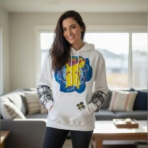 White Hoodie with Pikachu Graphic and Plaid Sleeves